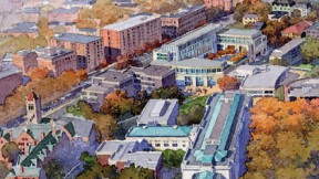 An aerial view of the proposed new building, looking northwest from a vantage point above the Science Center