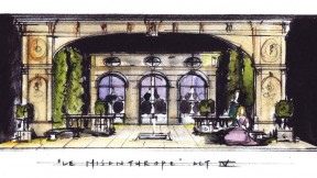 For Molière’s <i>The Misanthrope</i> at Berkshire Theatre Festival in Stockbridge, Massachusetts, Sprague’s sketch (shown) became a model later built as the play’s set. 