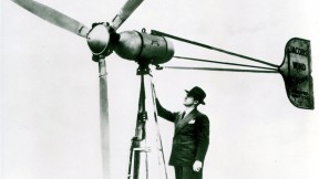 American inventor Marcellus Jacobs atop one of his wind turbines in the 1940s