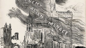 The “Enemy Alien Menace” looms over lower Manhattan: The <i>New York Herald,</i> March 28, 1918; cartoon by W.A. Rogers