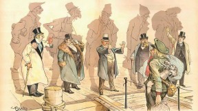 The views of Charles William Eliot and Oliver Wendell Holmes Sr. (whose images follow) aided the descendants of immigrants in keeping out new immigrants, as depicted in Joseph Keppler’s 1893 political cartoon “Looking Backward,” from Puck.