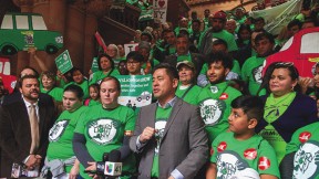 Photograph of Steven Choi urging passage of driver’s license bill