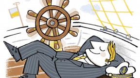 A businessman reclines on the deck of a ship with no one at the helm
