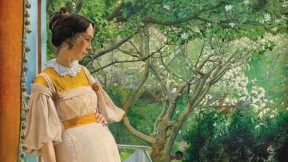 Painting of a young woman standing at a French window, looking at a verdant garden