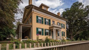 Photograph of Emily Dickinson’s family home, The Homestead, an elegant wooden building