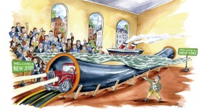 Cartoon shows an audience viewing a 3D rendering of the Holland Tunnel, with a ship floating above it and a car emerging from one end