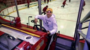 Matt Gilmore, sitting behind the wheel of a Zamboni