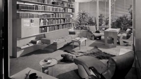 A view of the Frank House study in 1940, with many books and examples of modern art from the 1930s