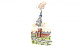Mark Steele illustration of Lowell House’s bells being rung for the first time by a giant hand stretching from a cloud to swing the detached belfry.