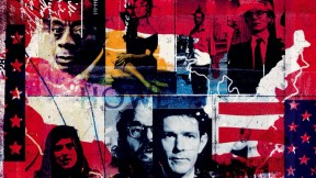 A collage of emblematic figures in American history set against the Stars and Stripes
