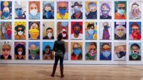 Zoom-like grid of colorful portraits of people in pandemic-era face masks.