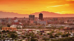 Photograph of the Tucson, Arizona, skyline and downtown taken at sunset.