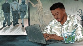 illustration of a black employee working and eating at his desk while colleagues go out to lunch