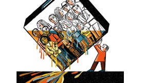 A colored illustration of diverse voters in a ballot box from which the color is being drained
