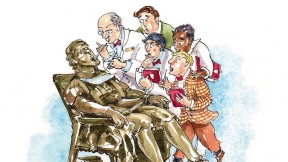 Drawing of Harvard Dental School giving John Harvard statue a dental check-up