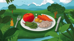 In a verdant landscape sits a plate with healthy foods