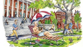 Illustration depicting a summer-school student sunbathing on the steps of Widener Library