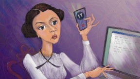 Illustration of Emily Dickinson talking to tech support