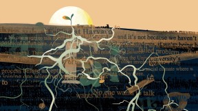 Conceptual illustration of a budding plant with long roots reaching into words of failure