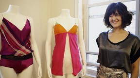 Laura Mehlinger with a Colorfield romper, in silk with mesh streamers (left), and a silk-and-mesh veil chemise