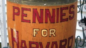 Found on eBay, this barrel now belongs to Robert G. Milstein ’46, of Saratoga Springs, New York. He has no idea of its original  purpose. It is 15 inches high. Harvard archivists Robin McElheny and Barbara Meloni think it looks like “a reunion prop,” maybe from the Depression era. Readers, any ideas?