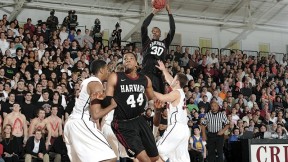 Standout players Kyle Casey (30) and Keith Wright (44) in action as Harvard, in its final home game, beat Princeton 79-67 to clinch a share of the Ivy league championship.