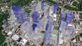 In this 3D representation of the relationship between collaboration and mean citation impact in the Longwood Medical Area, each building’s height reflects the number of citations of papers originating in the building, while the color gradient (from gray/low to blue/high) represents the proportion of publications originating from that building in which both first and last authors work in the building.