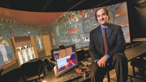 Peter Der Manuelian with a 3-D projection of the subterranean chapel of Queen Meresankh III, discovered and excavated at Giza in 1927 by the Harvard University-Boston Museum of Fine Arts Expedition. This immersive computer model, based on the actual archaeological documentation, uses software powered by Dassault Systèmes, Paris.