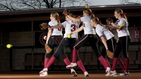 Multiple images of Rachel Brown’s pitching motion. Softball pitchers may take one step forward from the rubber while dragging the back foot.