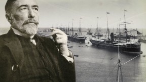 Joseph Conrad in 1916. In the background, ships entering the Suez Canal, circa 1888-90: harbingers of globalization 