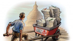 Illustration of a man pushing a wheelbarrow full of petitions up the steps to Congress.
