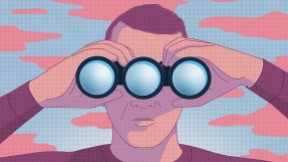 Illustration of a man looking through a pair of binoculars with three, not two, objective lenses