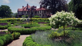 Wide view of formal gardens with a historic mansion in the background