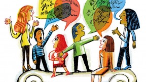 An illustration of people engaging in vigorous, animated dialogue 