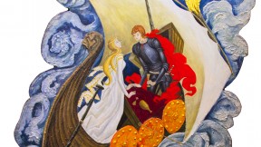 The painting “Love Potion” features two lovers craning toward each other in a boat on roiling ocean waters.
