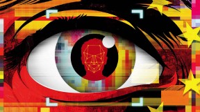 Illustration of an eye superimposed on iconography from the national flag of China