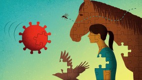 Illustration of a floating particle of the virus that causes Eastern Equine Encephalitis, the mosquito vector, and bird, horse, and human hosts