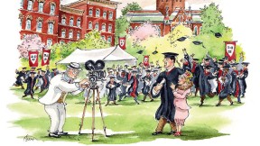 Illustration of 2022 Commencement with movie camera for first time