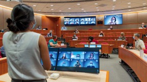 Harvard Business School hybrid classroom for in-person and remote learning