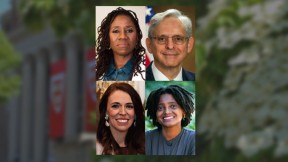 Portraits of Sherrilyn Ifill, Merrick B. Garland, Tracy K. Smith, and Jacinda Ardern, Harvard Commencement and alumni speakers 2022