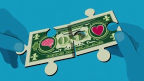 Illustration of a dollar bill with a head on one side and a heart on the other, exchanging hands