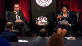 President Bacow speaking with Ruth Simmons at Prairie View A&M University