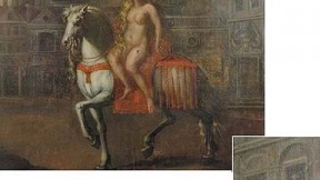 A detail (inset) of this 1586 painting may show Leofric checking his wife’s progress. Later viewers may have taken him for Peeping Tom.