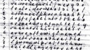 Robert Patterson’s letter to Thomas Jefferson included a worked example of his cipher. He began by writing his message in lower-case letters and in columns, running top to bottom like Chinese. This example begins with the words “Buonaparte has at last given peace to Europe,” legible in the first two columns.