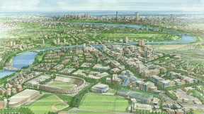 An artist's rendering of the completed campus shows, at center right, a triangular glass canopy to shelter patrons at the arts plaza, and the almost total reconfiguration of the athletic facilities.