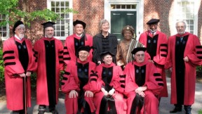 The 2011 honorary-degree recipients. Back row from left: John G.A. Pocock, Provost Steven Hyman, Sir Timothy John Berners-Lee, President Drew Faust, Her Excellency Ellen Johnson Sirleaf, David Satcher, and Plácido Domingo. Front row from left: Dudley Herschbach, Rosalind Krauss, and James R. Houghton. Not pictured: The Honorable Ruth Bader Ginsburg