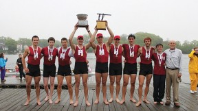 At the Eastern Sprints in Worcester, Harvard’s heavyweights celebrate their win.