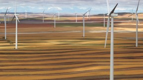 Electricity from towering turbines: wind-energy farm in Ethridge, Montana
