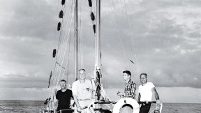 Antinuclear activist Albert Bigelow (second from left) with crew members William Huntington &rsquo;28, Orion Sherwood, and George Willoughby in Hawaii in 1958