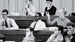 One among many: Harvard Business School pioneer Robin Wigger, suitably attired, in class among fellow M.B.A. students, circa 1970 